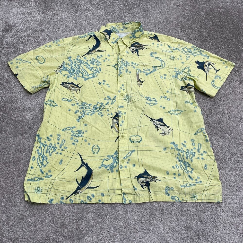 Columbia PFG Bonehead Fishing Shirt Mens Yellow Pattern Short Sleeve Button Down